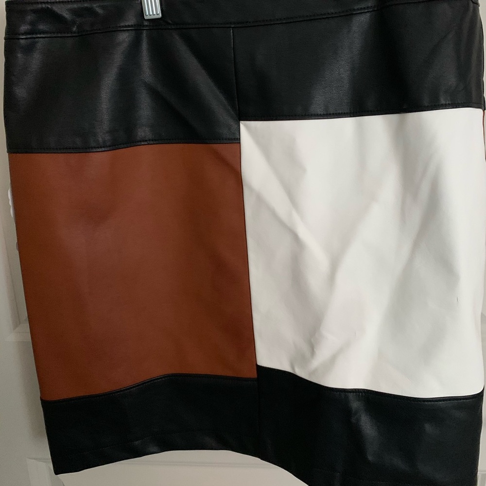 INC International Concepts Colorblock Faux Leather Skirt in Black, White, Brown - Picture 3 of 11